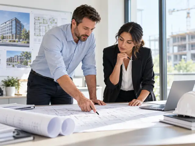 Consultants reviewing architectural plans for a commercial development
