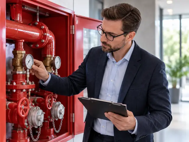 Fire safety consultant inspecting a hydrant booster and pressure gauges